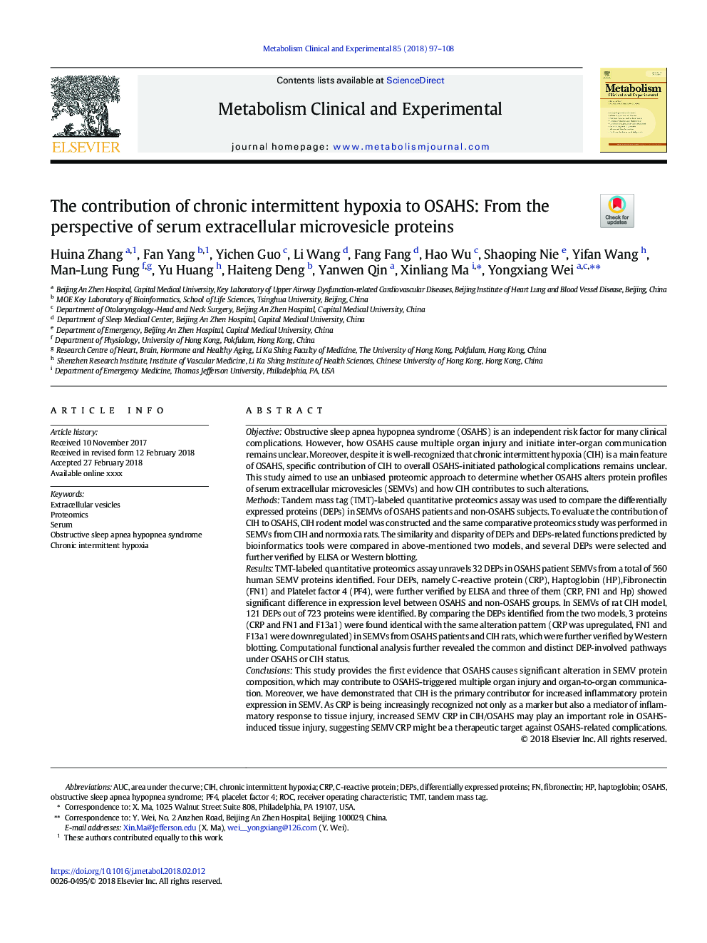 The contribution of chronic intermittent hypoxia to OSAHS: From the perspective of serum extracellular microvesicle proteins