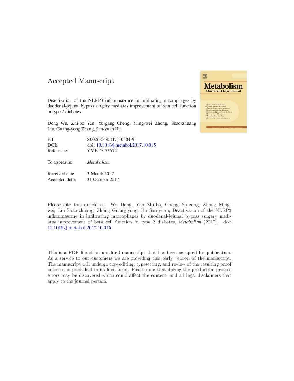 عکس صفحه اول مقاله: Deactivation of the NLRP3 inflammasome in infiltrating macrophages by duodenal-jejunal bypass surgery mediates improvement of beta cell function in type 2 diabetes Deactivation of the NLRP3 inflammasome in infiltrating macrophages by duodenal-jejunal bypass surgery mediates improvement of beta cell function in type 2 diabetes