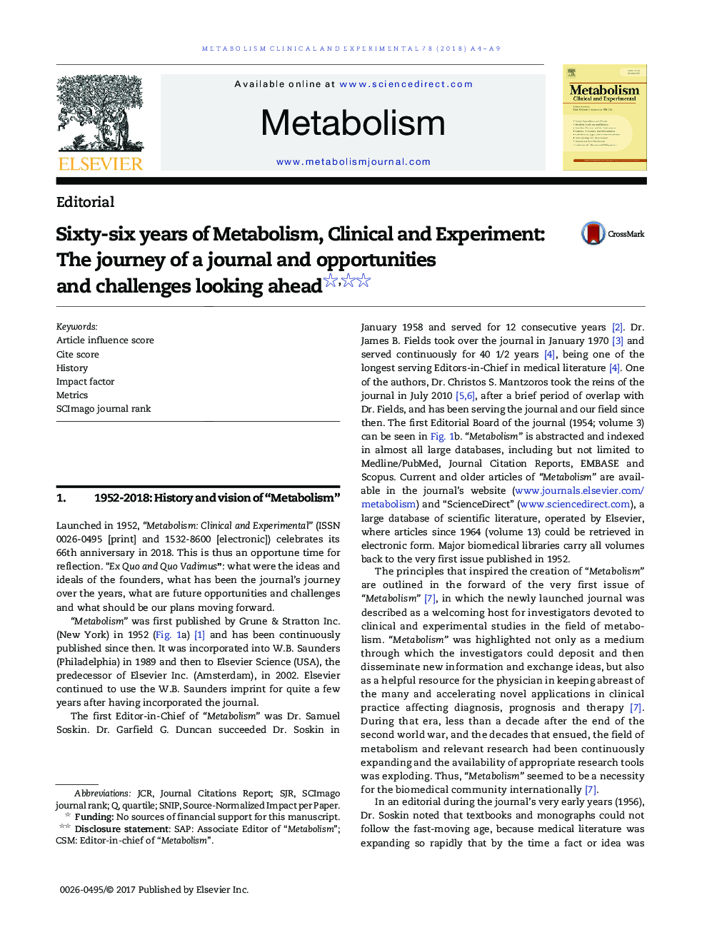 Sixty-six years of Metabolism, Clinical and Experimental: The journey of a journal and opportunities and challenges looking ahead