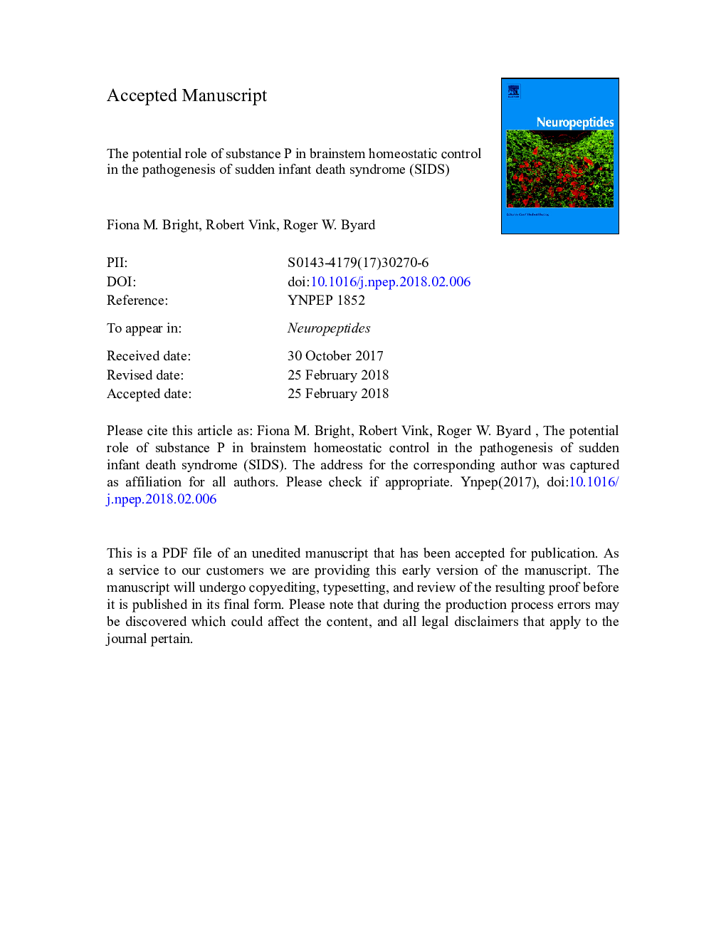 The potential role of substance P in brainstem homeostatic control in the pathogenesis of sudden infant death syndrome (SIDS)