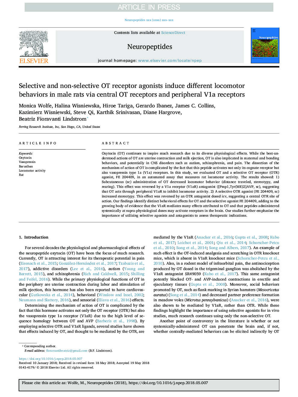 Selective and non-selective OT receptor agonists induce different locomotor behaviors in male rats via central OT receptors and peripheral V1a receptors