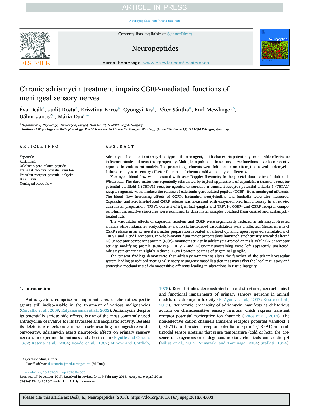 Chronic adriamycin treatment impairs CGRP-mediated functions of meningeal sensory nerves