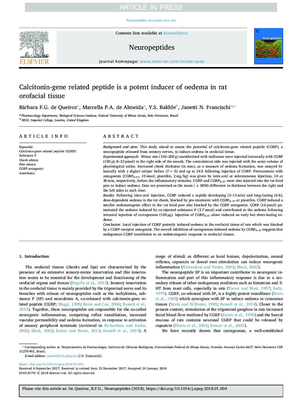 Calcitonin-gene related peptide is a potent inducer of oedema in rat orofacial tissue