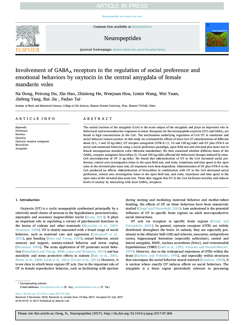 Involvement of GABAA receptors in the regulation of social preference and emotional behaviors by oxytocin in the central amygdala of female mandarin voles
