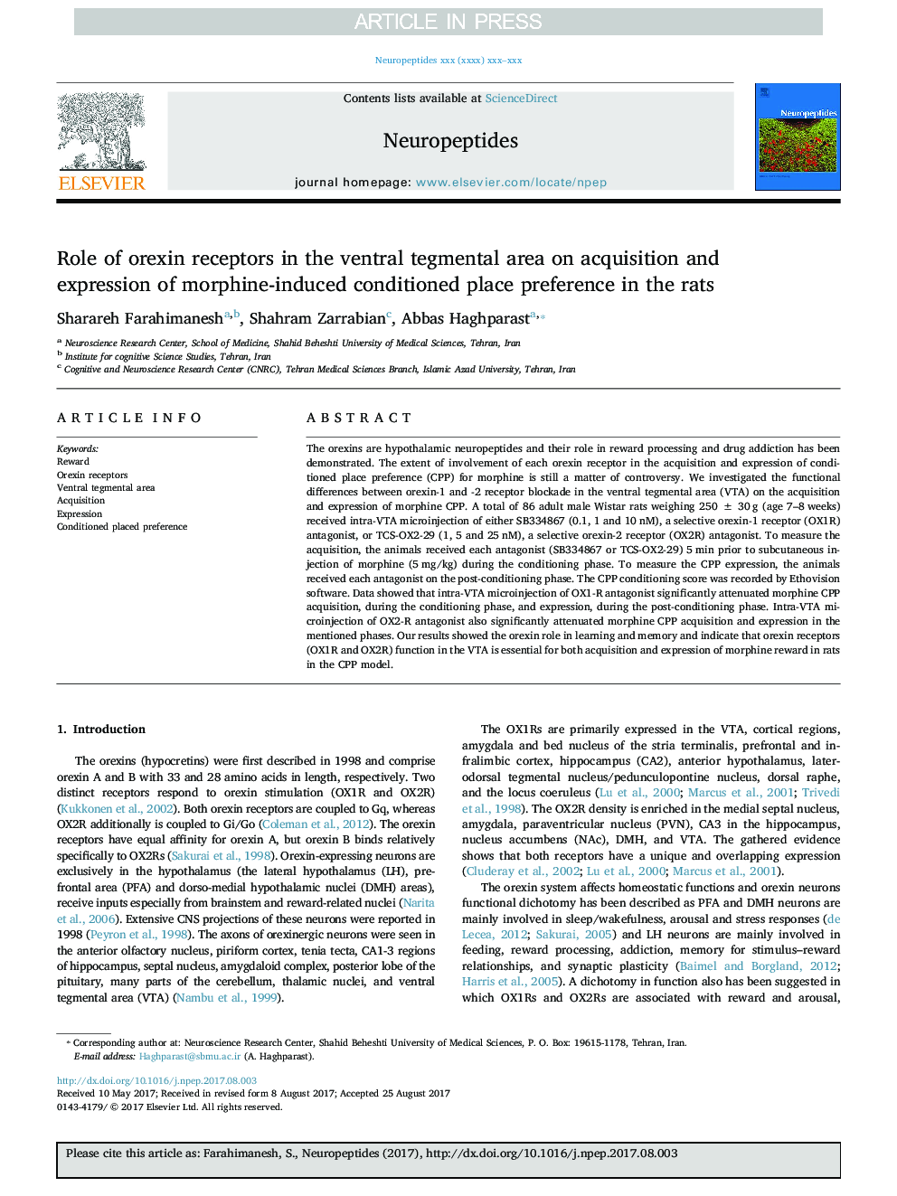 Role of orexin receptors in the ventral tegmental area on acquisition and expression of morphine-induced conditioned place preference in the rats