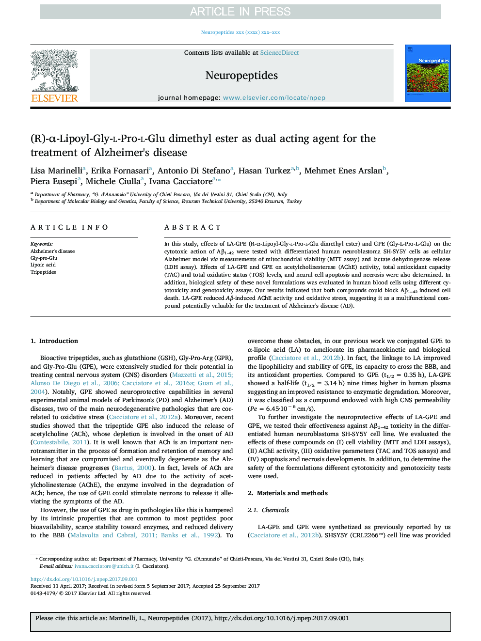 (R)-Î±-Lipoyl-Gly-l-Pro-l-Glu dimethyl ester as dual acting agent for the treatment of Alzheimer's disease