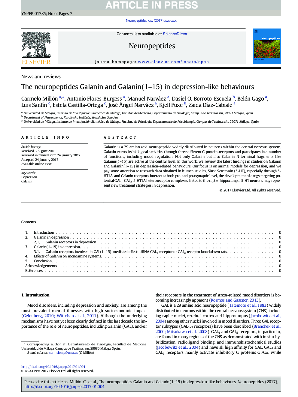 The neuropeptides Galanin and Galanin(1-15) in depression-like behaviours