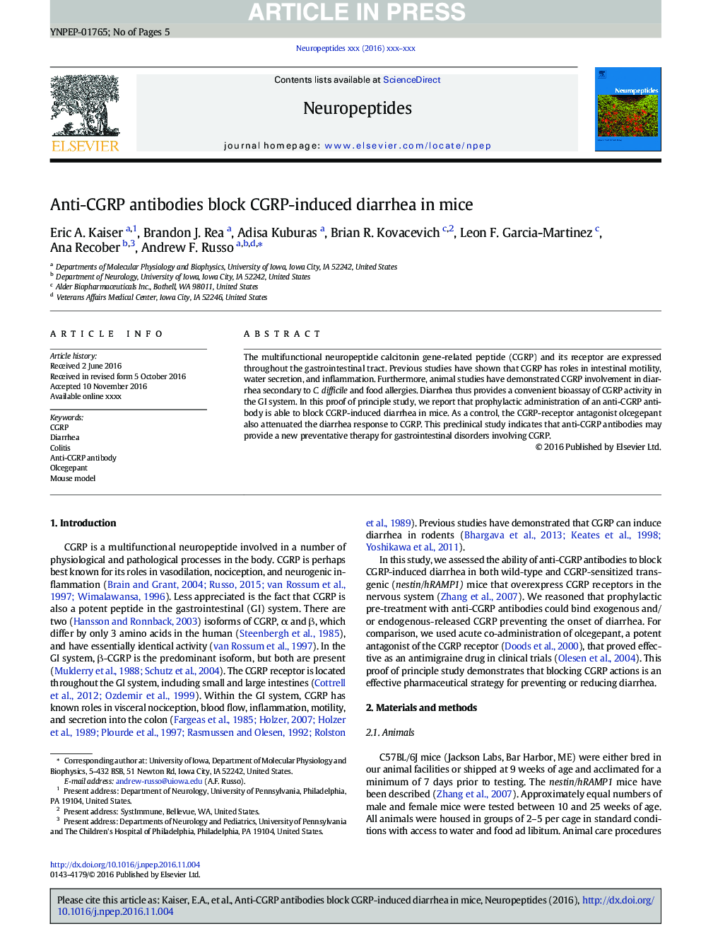 Anti-CGRP antibodies block CGRP-induced diarrhea in mice