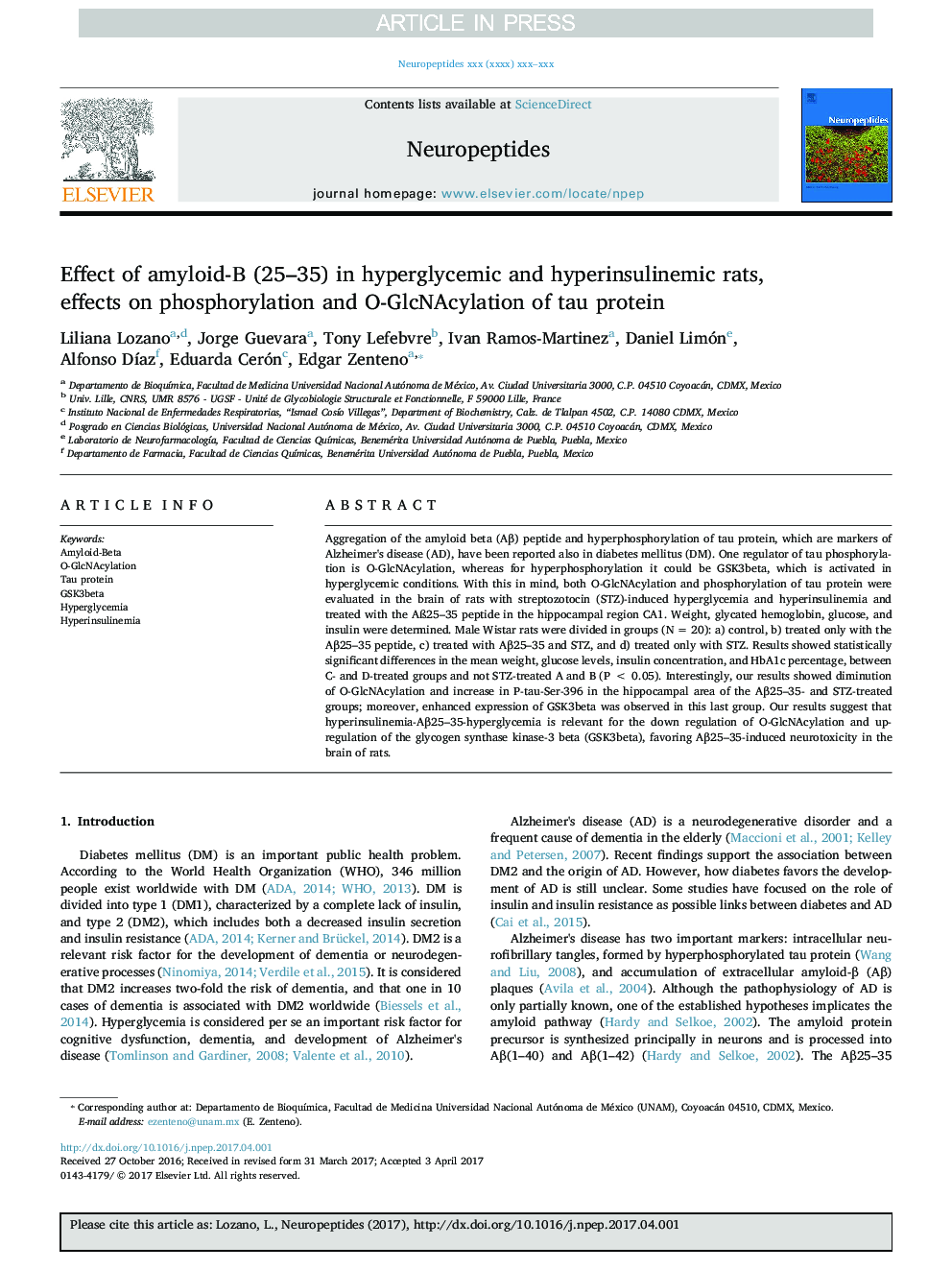 Effect of amyloid-Î (25-35) in hyperglycemic and hyperinsulinemic rats, effects on phosphorylation and O-GlcNAcylation of tau protein