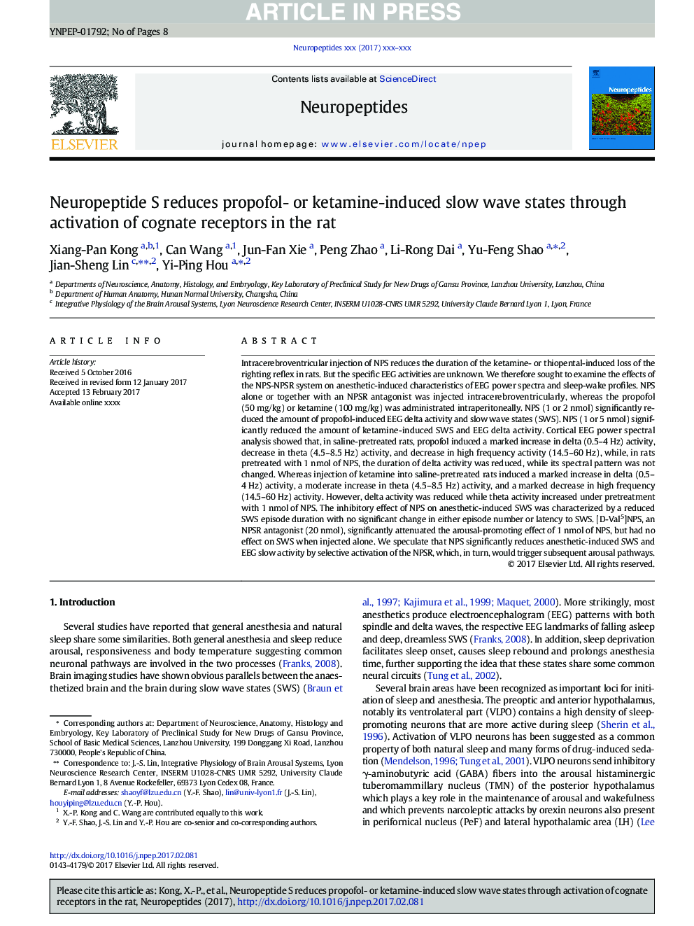 Neuropeptide S reduces propofol- or ketamine-induced slow wave states through activation of cognate receptors in the rat