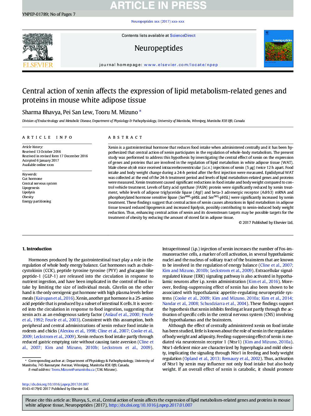 Central action of xenin affects the expression of lipid metabolism-related genes and proteins in mouse white adipose tissue