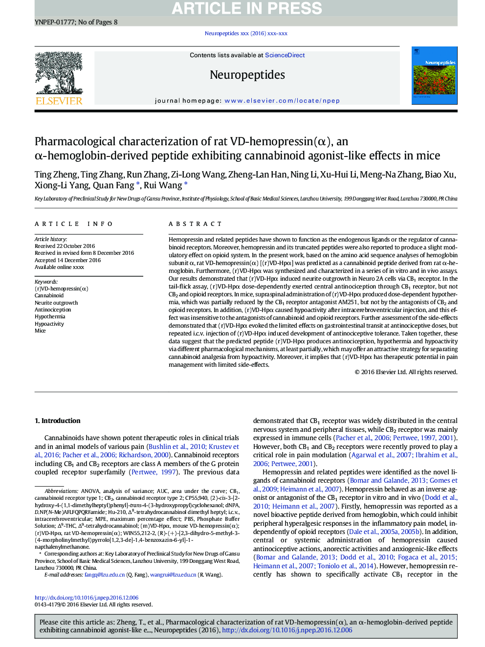 Pharmacological characterization of rat VD-hemopressin(Î±), an Î±-hemoglobin-derived peptide exhibiting cannabinoid agonist-like effects in mice