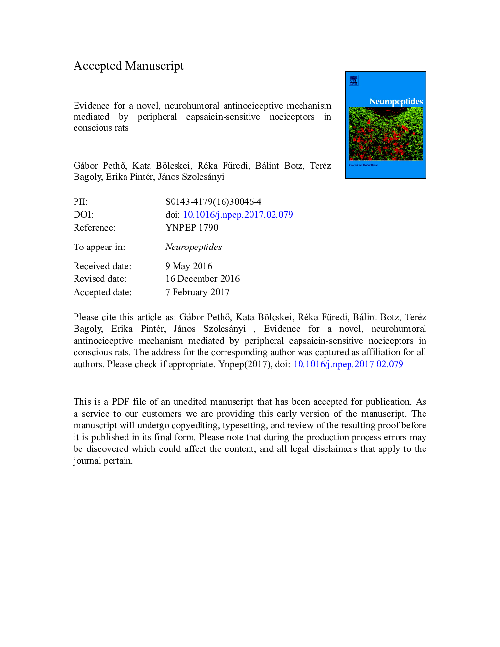 Evidence for a novel, neurohumoral antinociceptive mechanism mediated by peripheral capsaicin-sensitive nociceptors in conscious rats