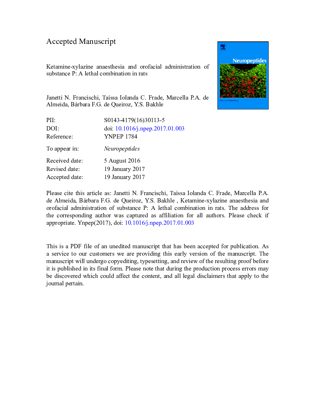 Ketamine-xylazine anaesthesia and orofacial administration of substance P: A lethal combination in rats