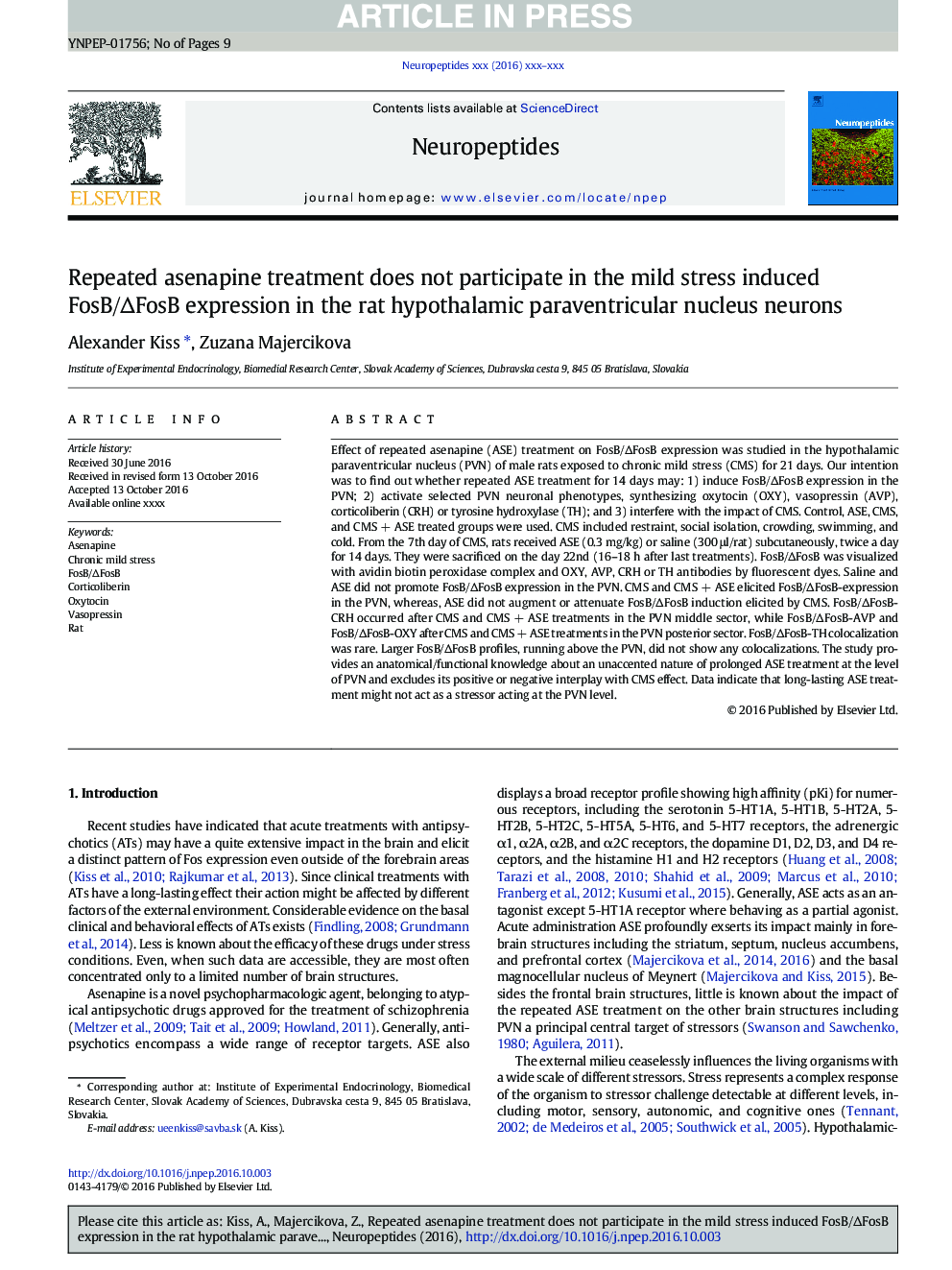 Repeated asenapine treatment does not participate in the mild stress induced FosB/ÎFosB expression in the rat hypothalamic paraventricular nucleus neurons