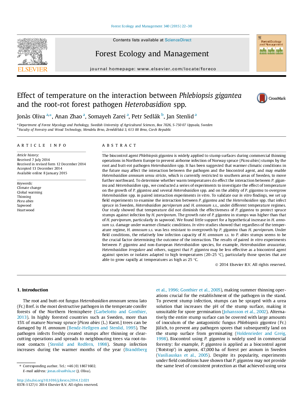 Effect of temperature on the interaction between Phlebiopsis gigantea and the root-rot forest pathogen Heterobasidion spp.