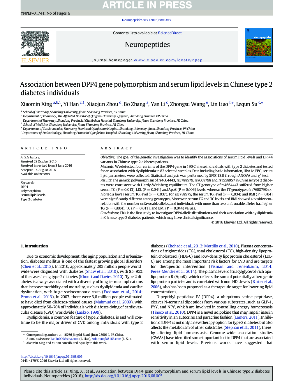 Association between DPP4 gene polymorphism and serum lipid levels in Chinese type 2 diabetes individuals