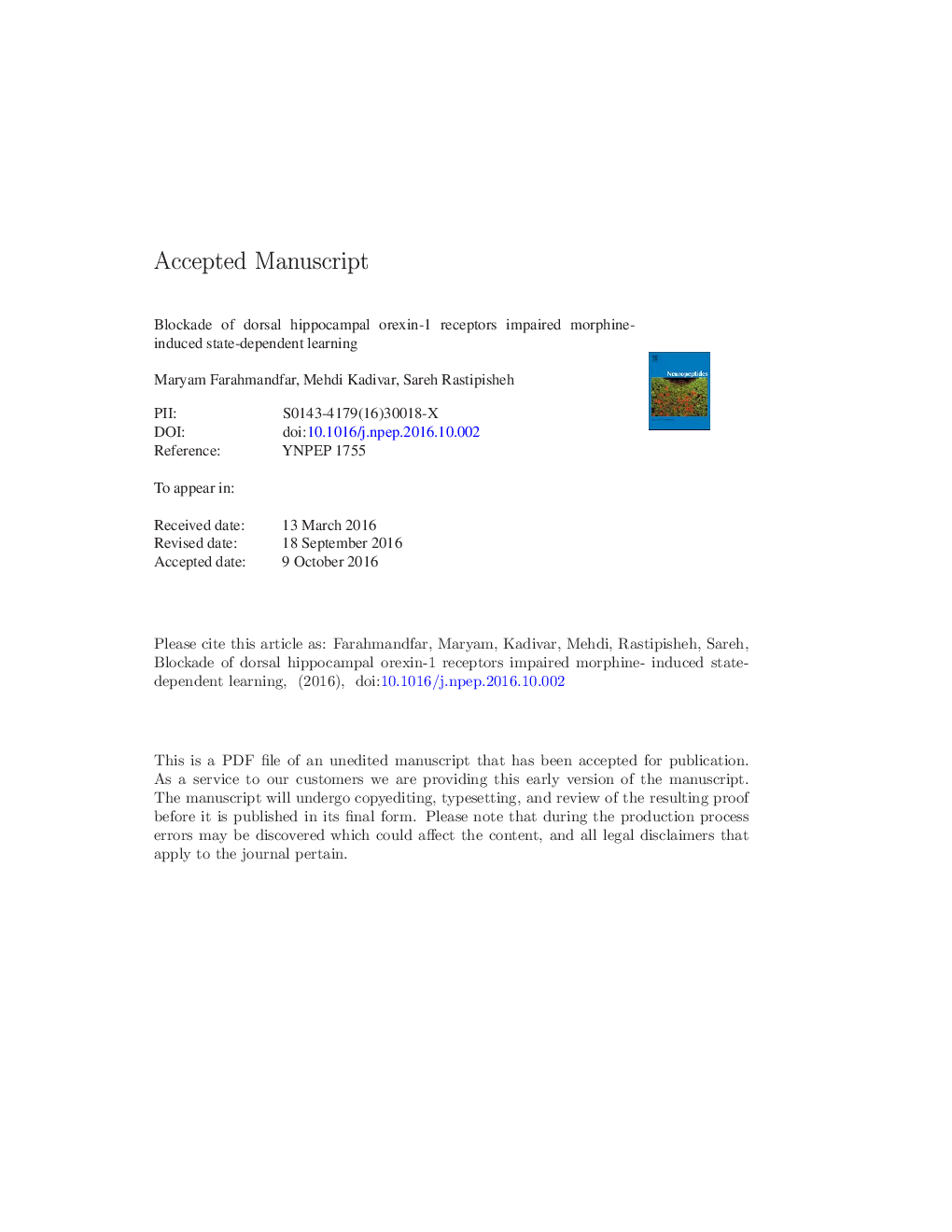 Blockade of dorsal hippocampal orexin-1 receptors impaired morphine-induced state-dependent learning