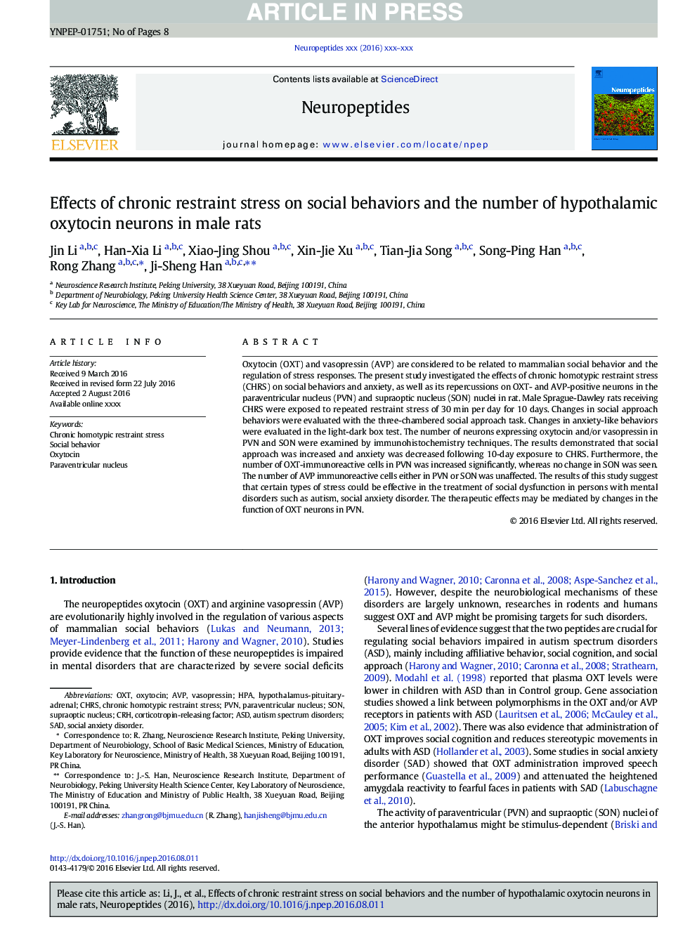 Effects of chronic restraint stress on social behaviors and the number of hypothalamic oxytocin neurons in male rats