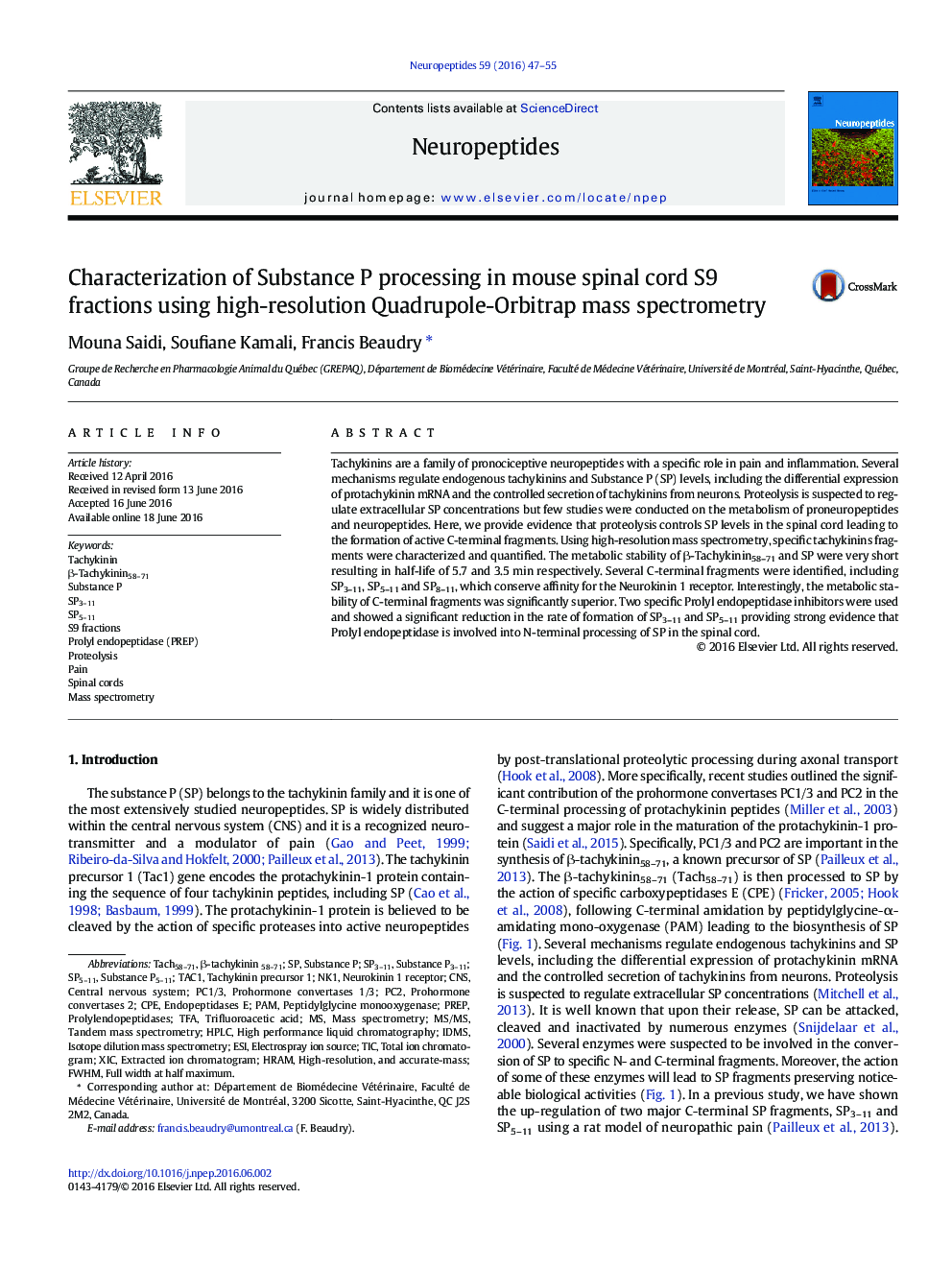 Characterization of Substance P processing in mouse spinal cord S9 fractions using high-resolution Quadrupole-Orbitrap mass spectrometry