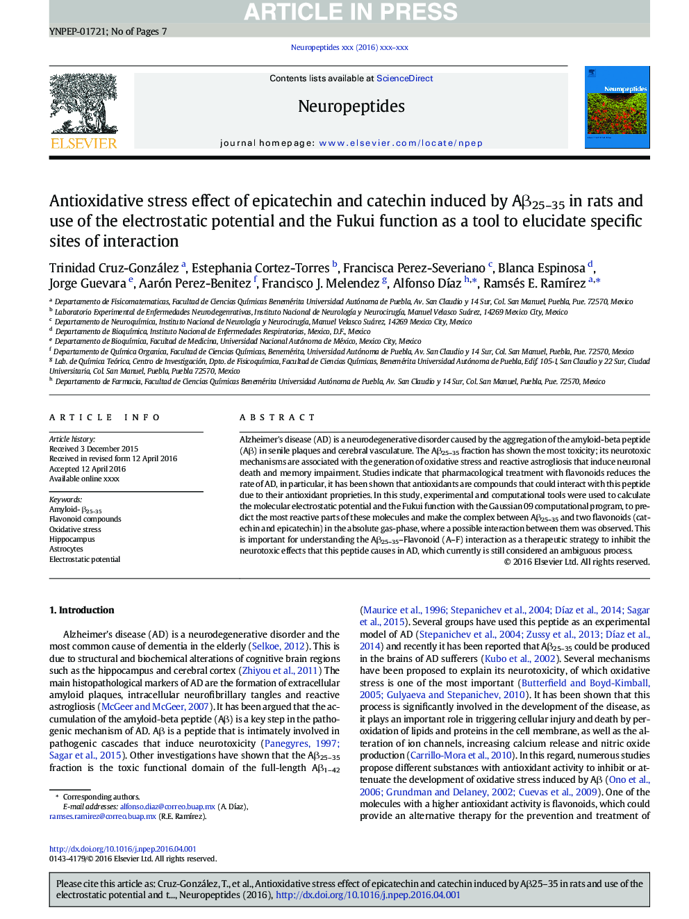 Antioxidative stress effect of epicatechin and catechin induced by AÎ²25-35 in rats and use of the electrostatic potential and the Fukui function as a tool to elucidate specific sites of interaction