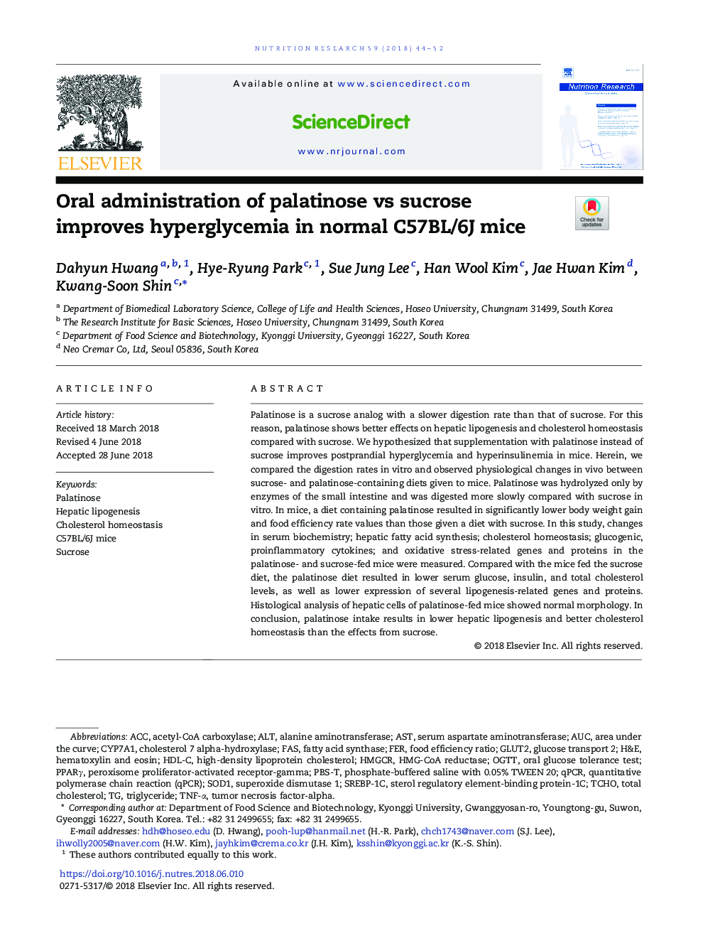 Oral administration of palatinose vs sucrose improves hyperglycemia in normal C57BL/6J mice