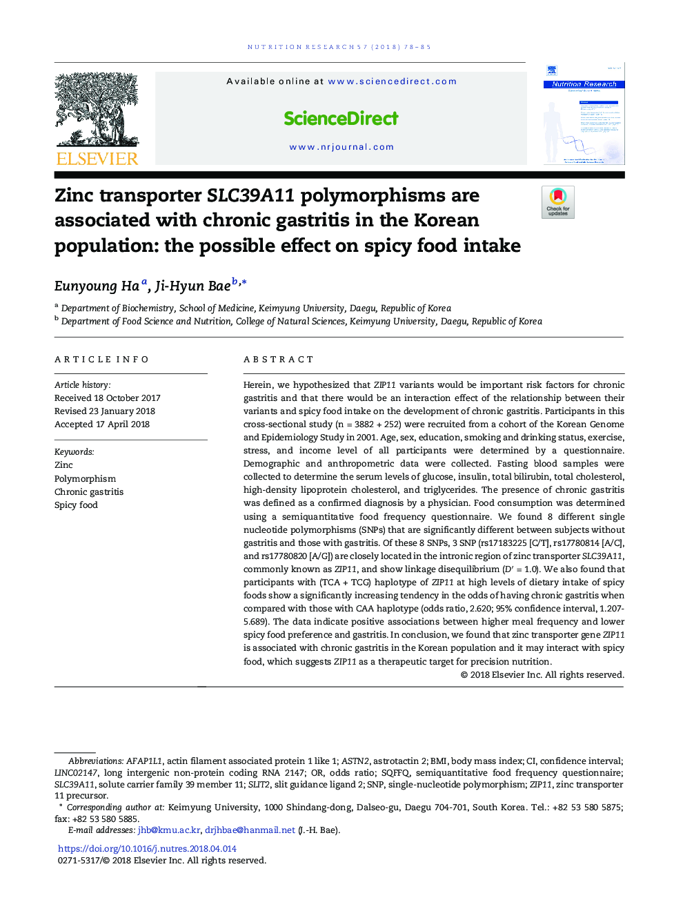 Zinc transporter SLC39A11 polymorphisms are associated with chronic gastritis in the Korean population: the possible effect on spicy food intake