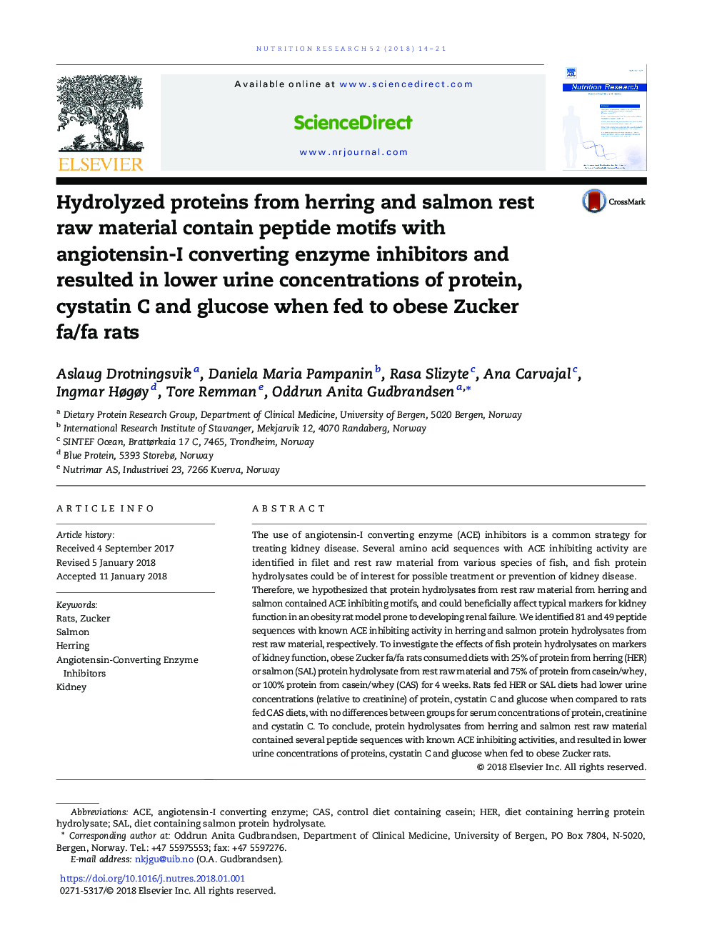 Hydrolyzed proteins from herring and salmon rest raw material contain peptide motifs with angiotensin-I converting enzyme inhibitors and resulted in lower urine concentrations of protein, cystatin C and glucose when fed to obese Zucker fa/fa rats