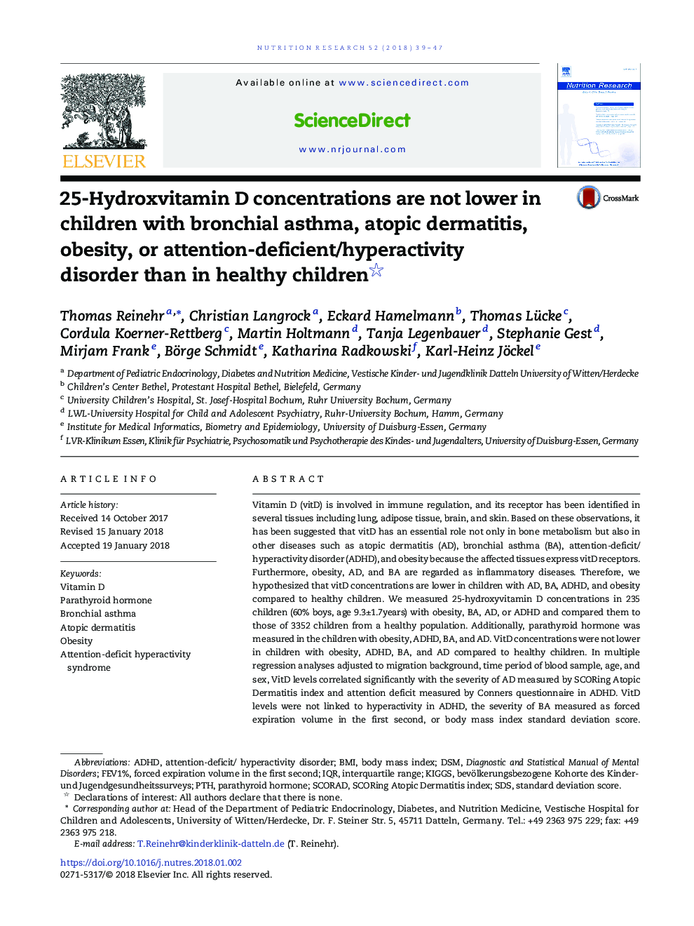 25-Hydroxvitamin D concentrations are not lower in children with bronchial asthma, atopic dermatitis, obesity, or attention-deficient/hyperactivity disorder than in healthy children