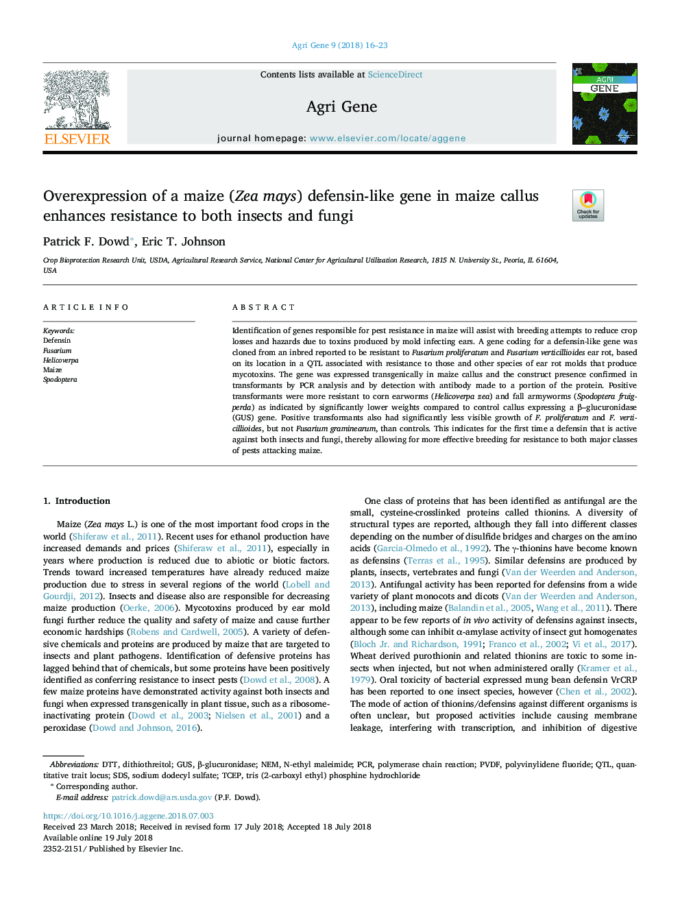 Overexpression of a maize (Zea mays) defensin-like gene in maize callus enhances resistance to both insects and fungi