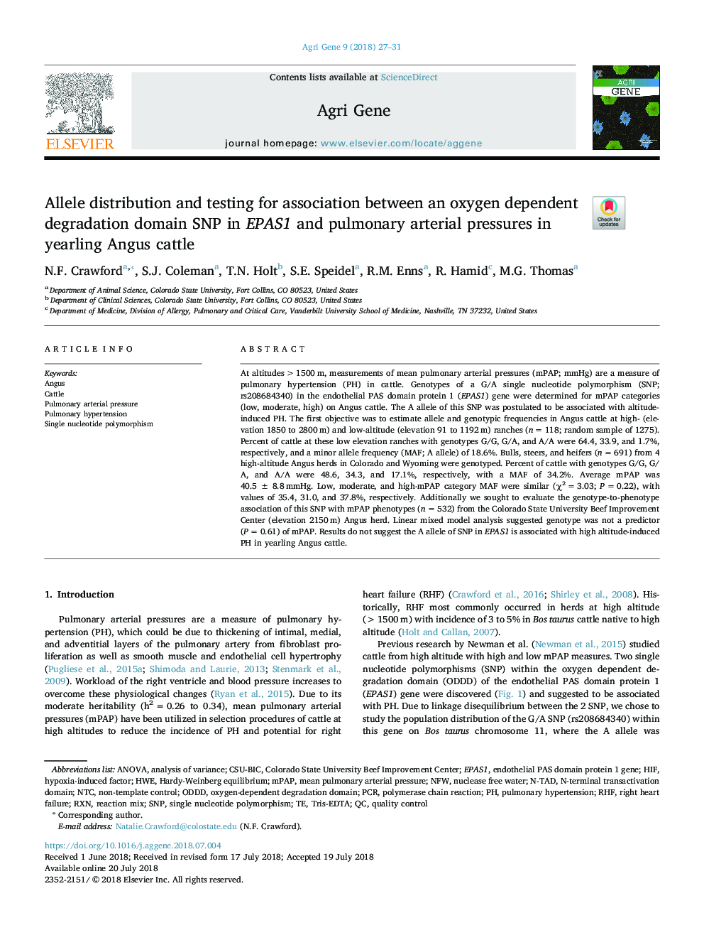 Allele distribution and testing for association between an oxygen dependent degradation domain SNP in EPAS1 and pulmonary arterial pressures in yearling Angus cattle