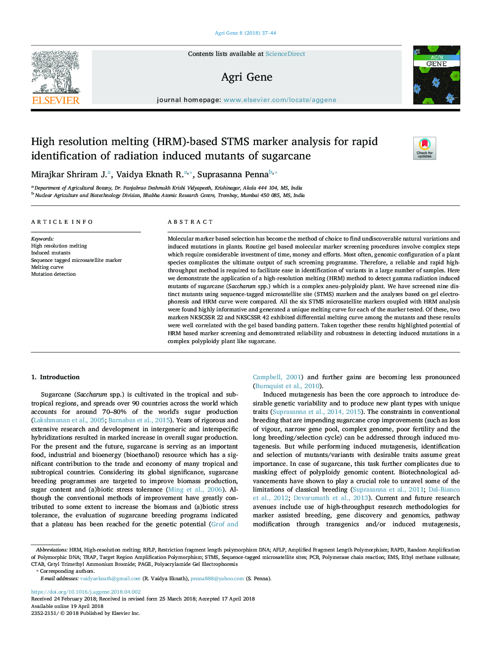 High resolution melting (HRM)-based STMS marker analysis for rapid identification of radiation induced mutants of sugarcane