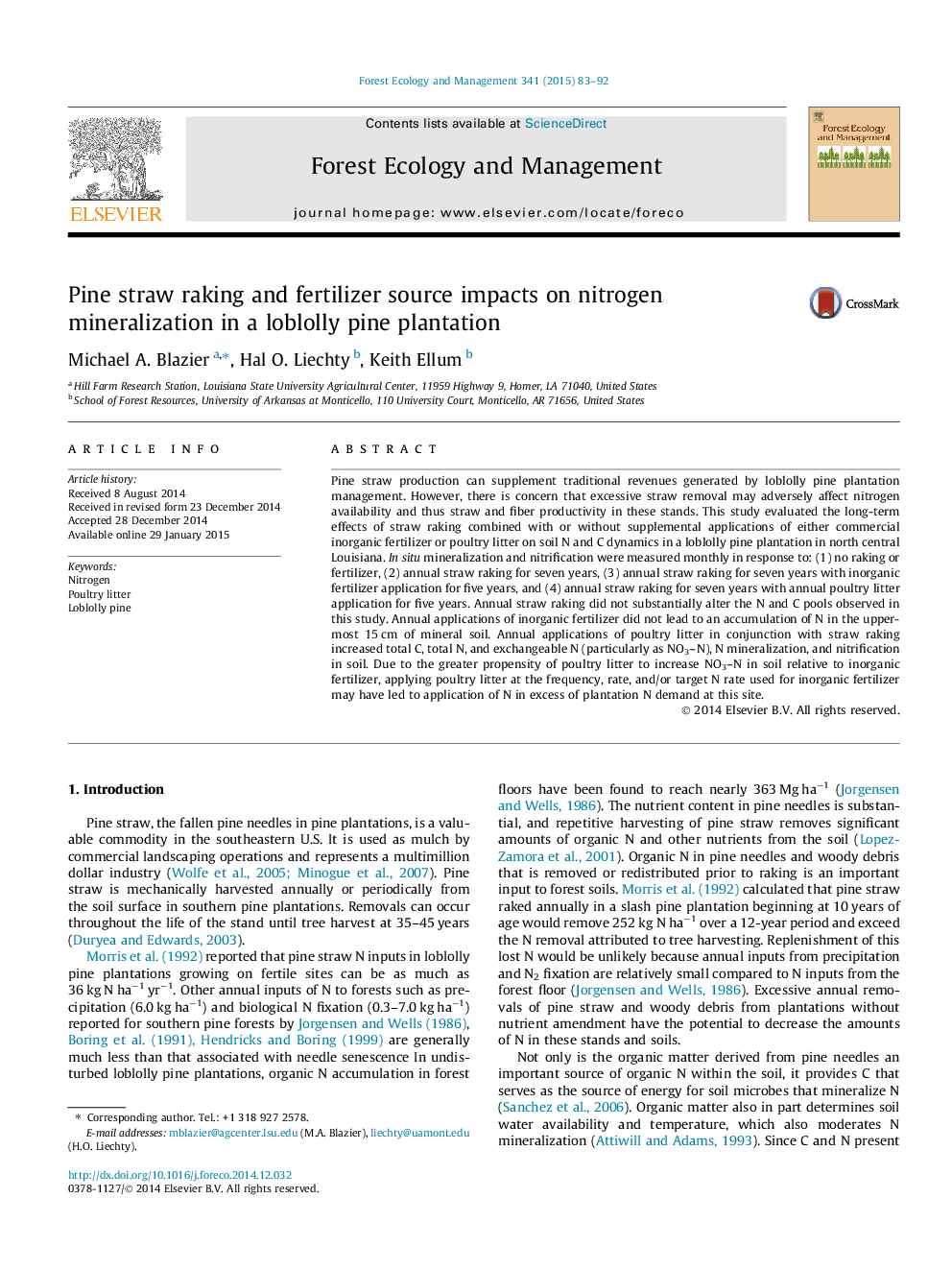 Pine straw raking and fertilizer source impacts on nitrogen mineralization in a loblolly pine plantation