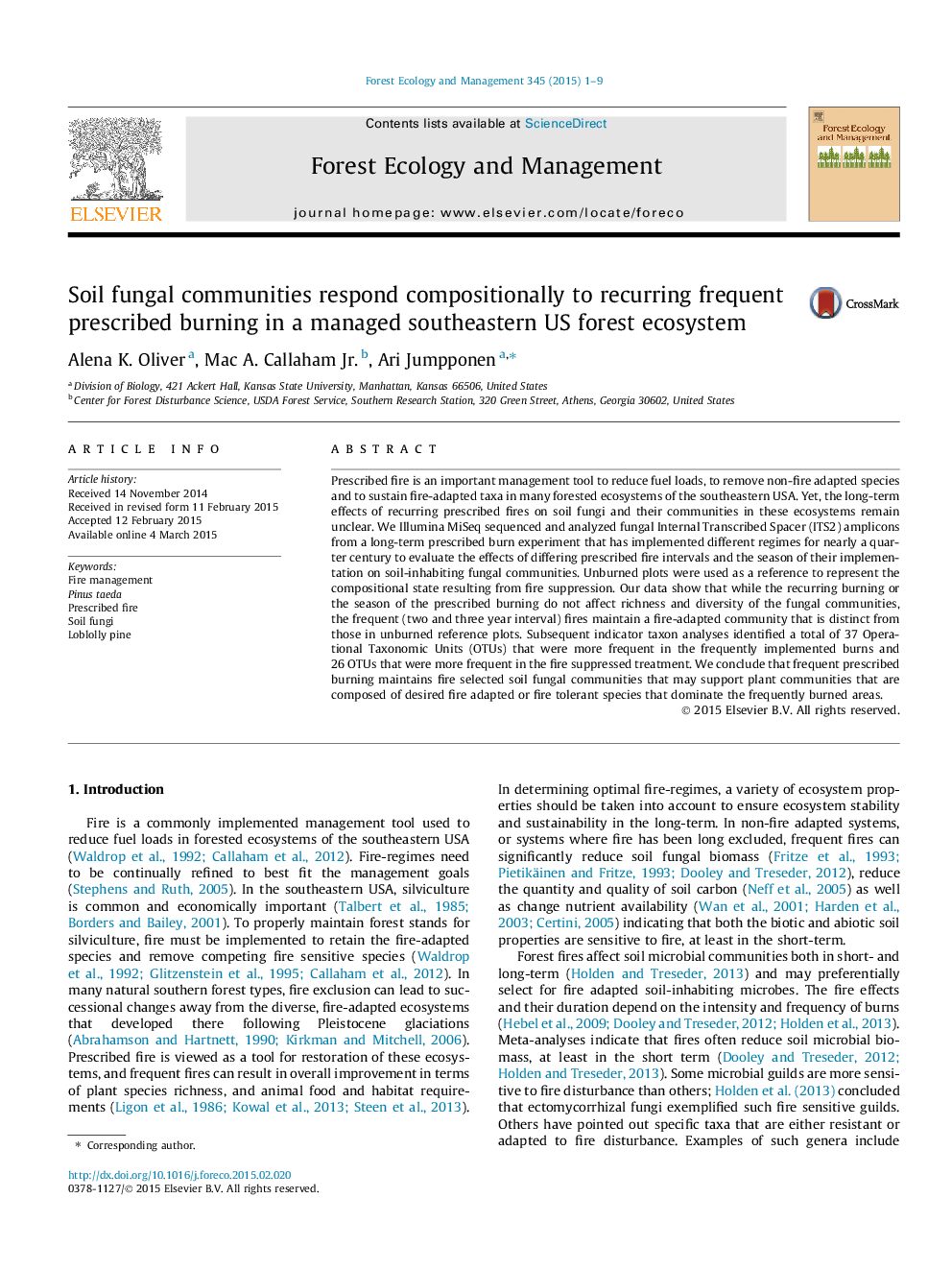 Soil fungal communities respond compositionally to recurring frequent prescribed burning in a managed southeastern US forest ecosystem