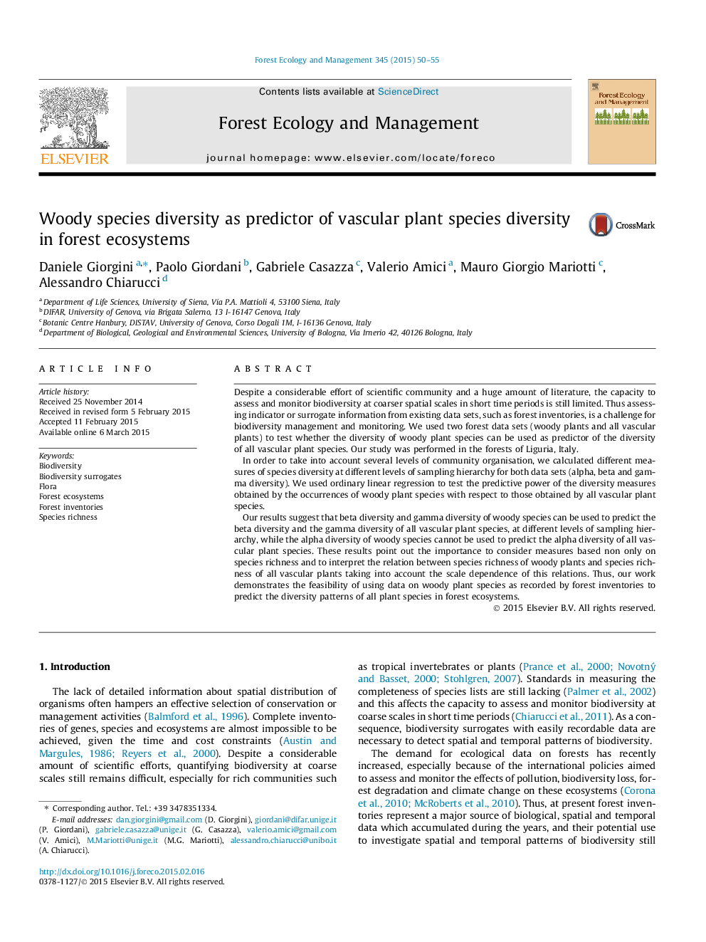 Woody species diversity as predictor of vascular plant species diversity in forest ecosystems