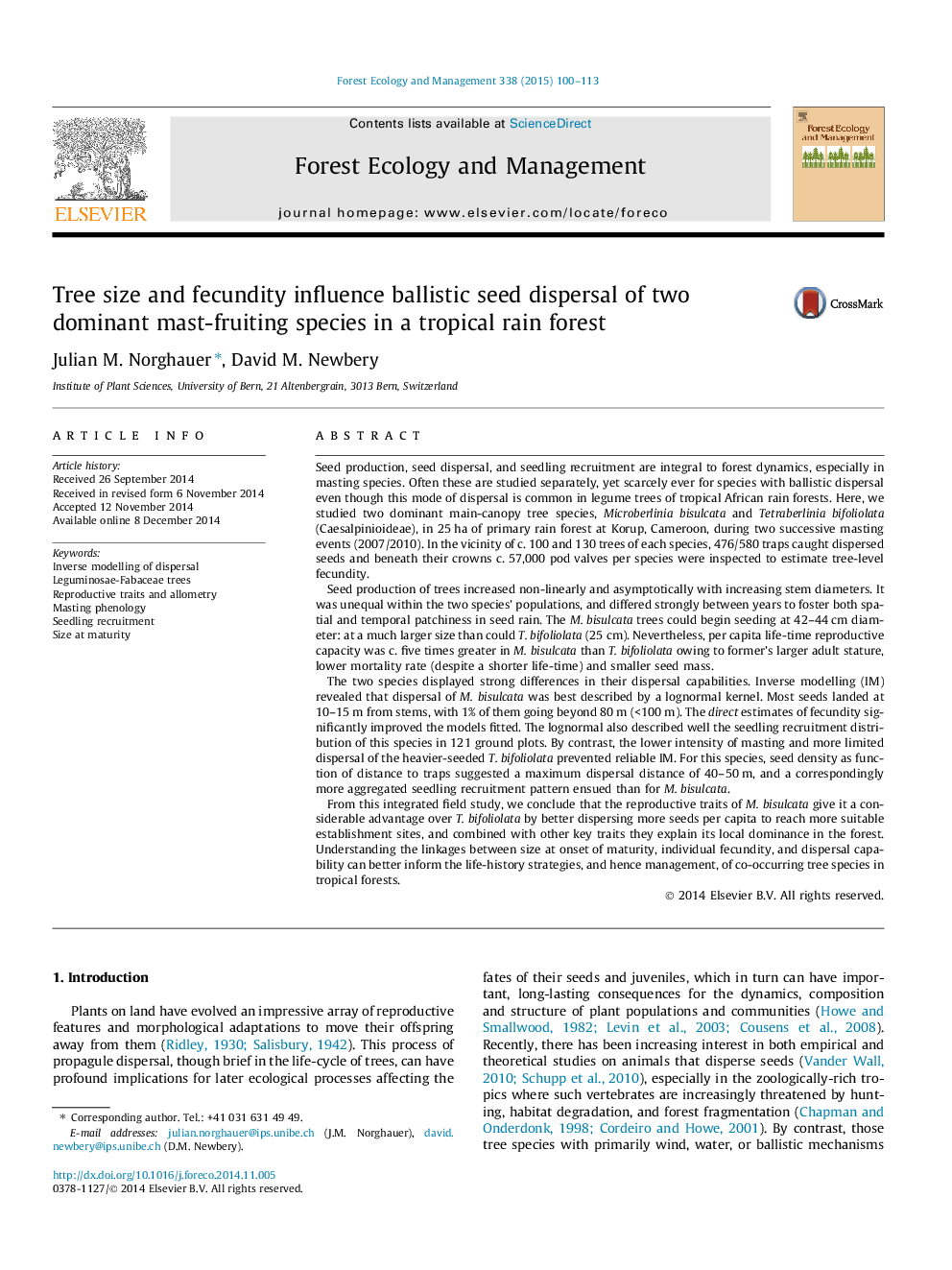 Tree size and fecundity influence ballistic seed dispersal of two dominant mast-fruiting species in a tropical rain forest