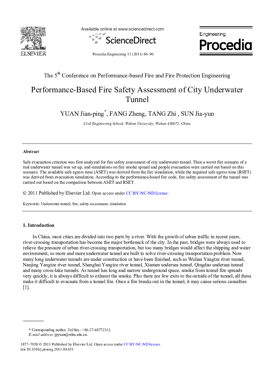 Performance-Based Fire Safety Assessment of City Underwater Tunnel