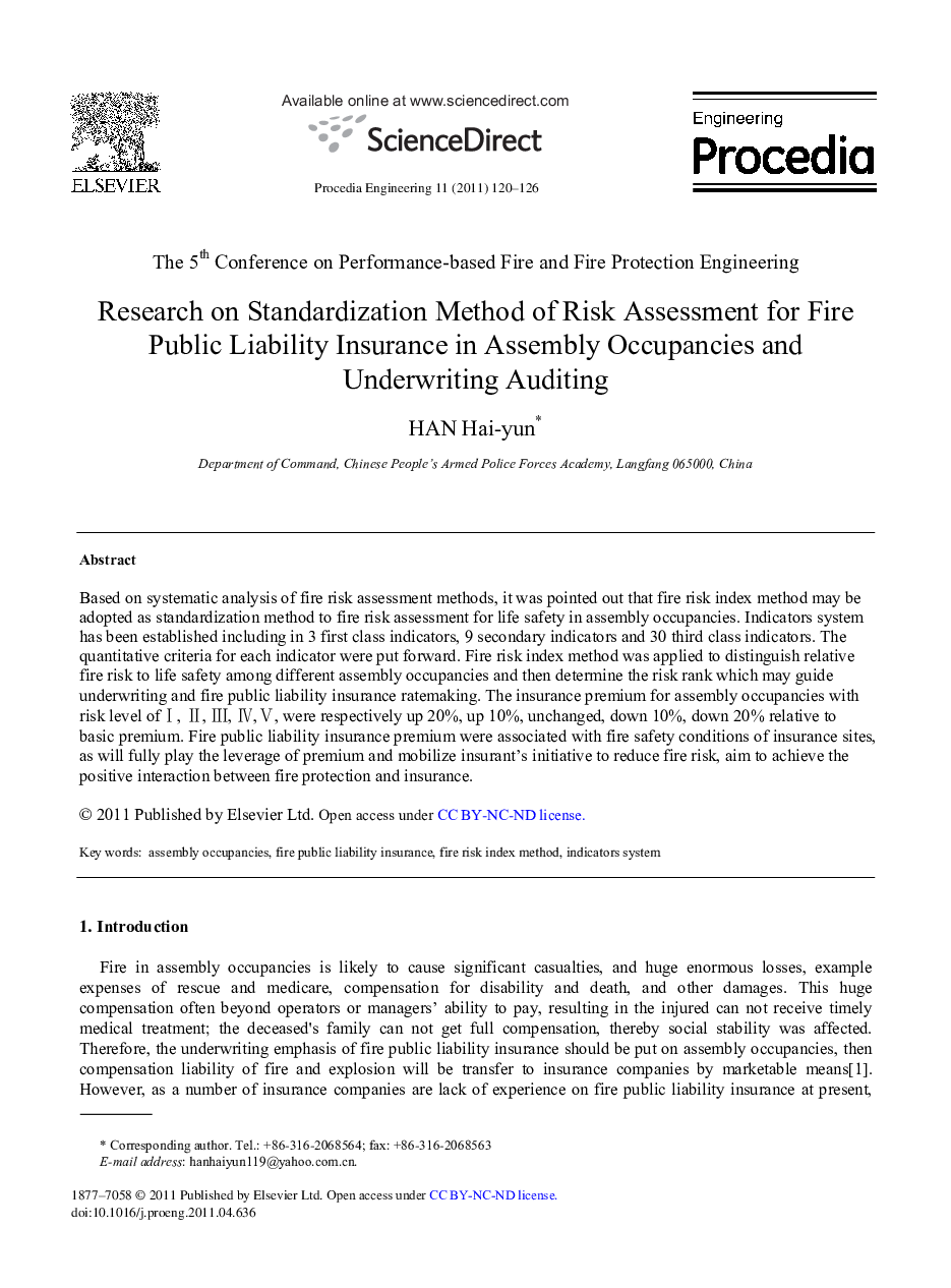 Research on Standardization Method of Risk Assessment for Fire Public Liability Insurance in Assembly Occupancies and Underwriting Auditing