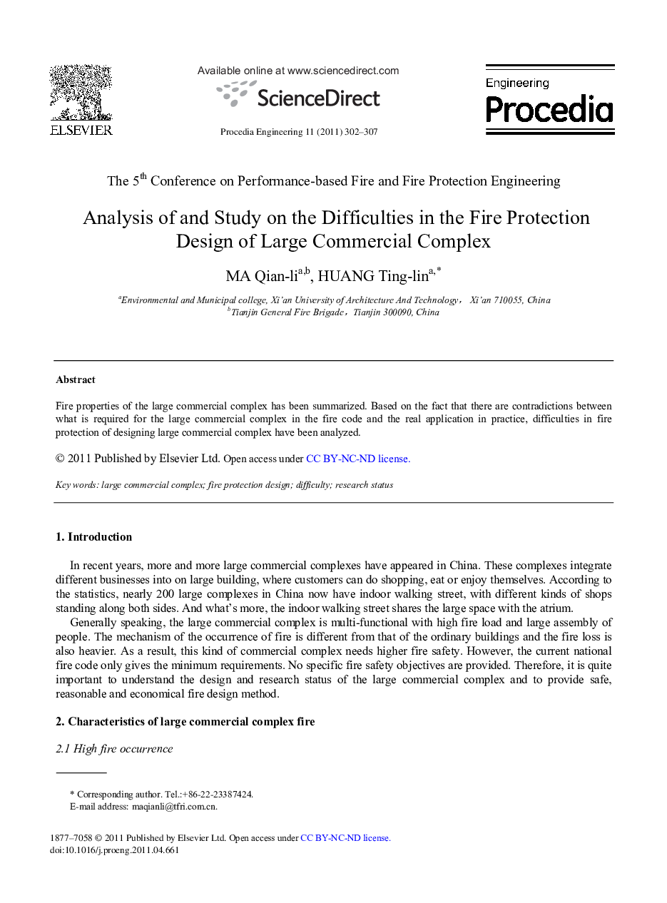 Analysis of and Study on the Difficulties in the Fire Protection Design of Large Commercial Complex