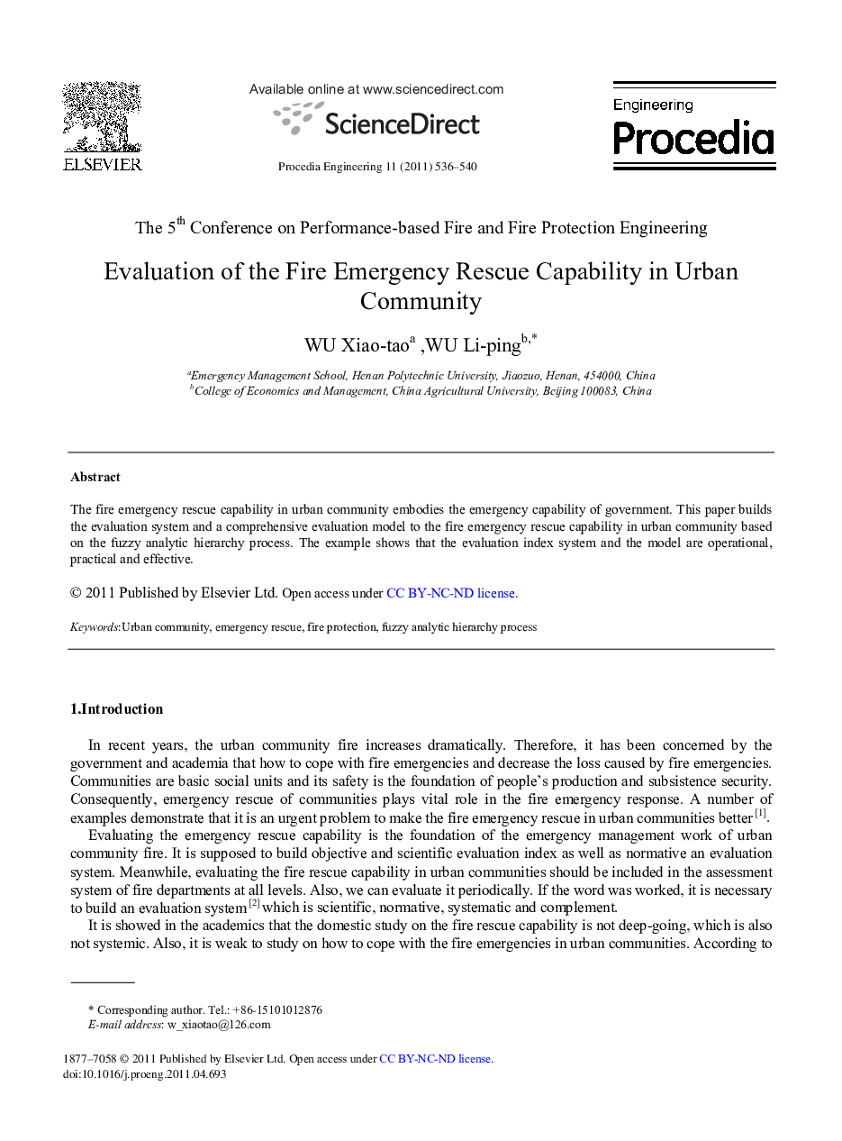 Evaluation of the Fire Emergency Rescue Capability in Urban Community