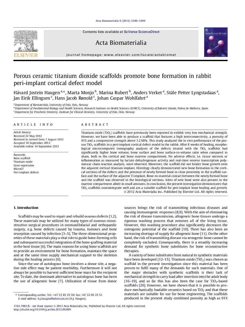 عکس صفحه اول مقاله: Porous ceramic titanium dioxide scaffolds promote bone formation in rabbit peri-implant cortical defect model Porous ceramic titanium dioxide scaffolds promote bone formation in rabbit peri-implant cortical defect model