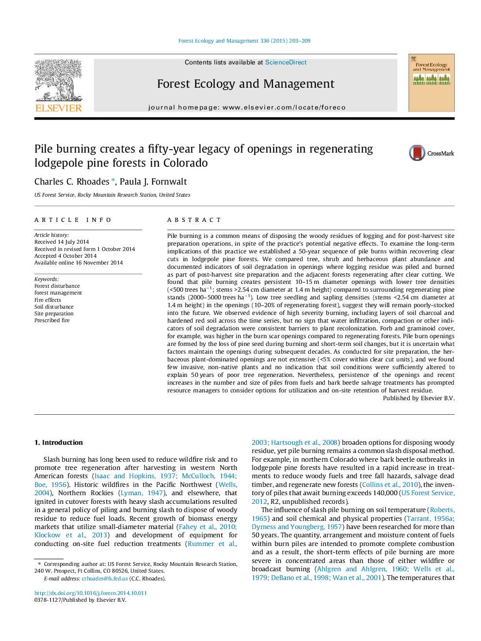 Pile burning creates a fifty-year legacy of openings in regenerating lodgepole pine forests in Colorado