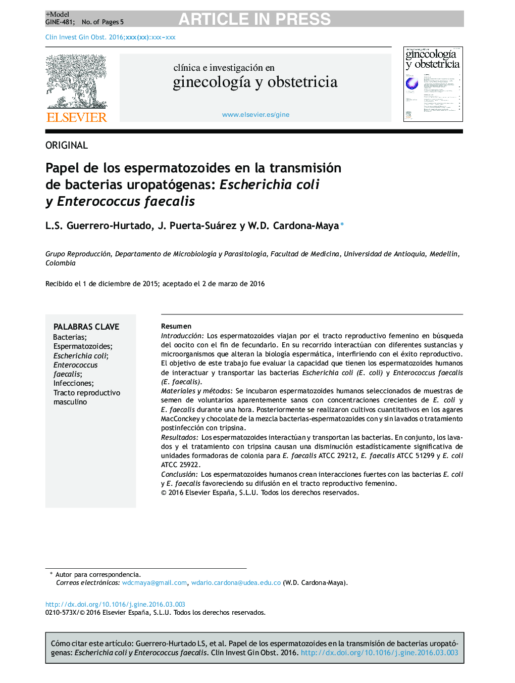 Papel de los espermatozoides en la transmisión de bacterias uropatógenas: Escherichia coli y Enterococcus faecalis