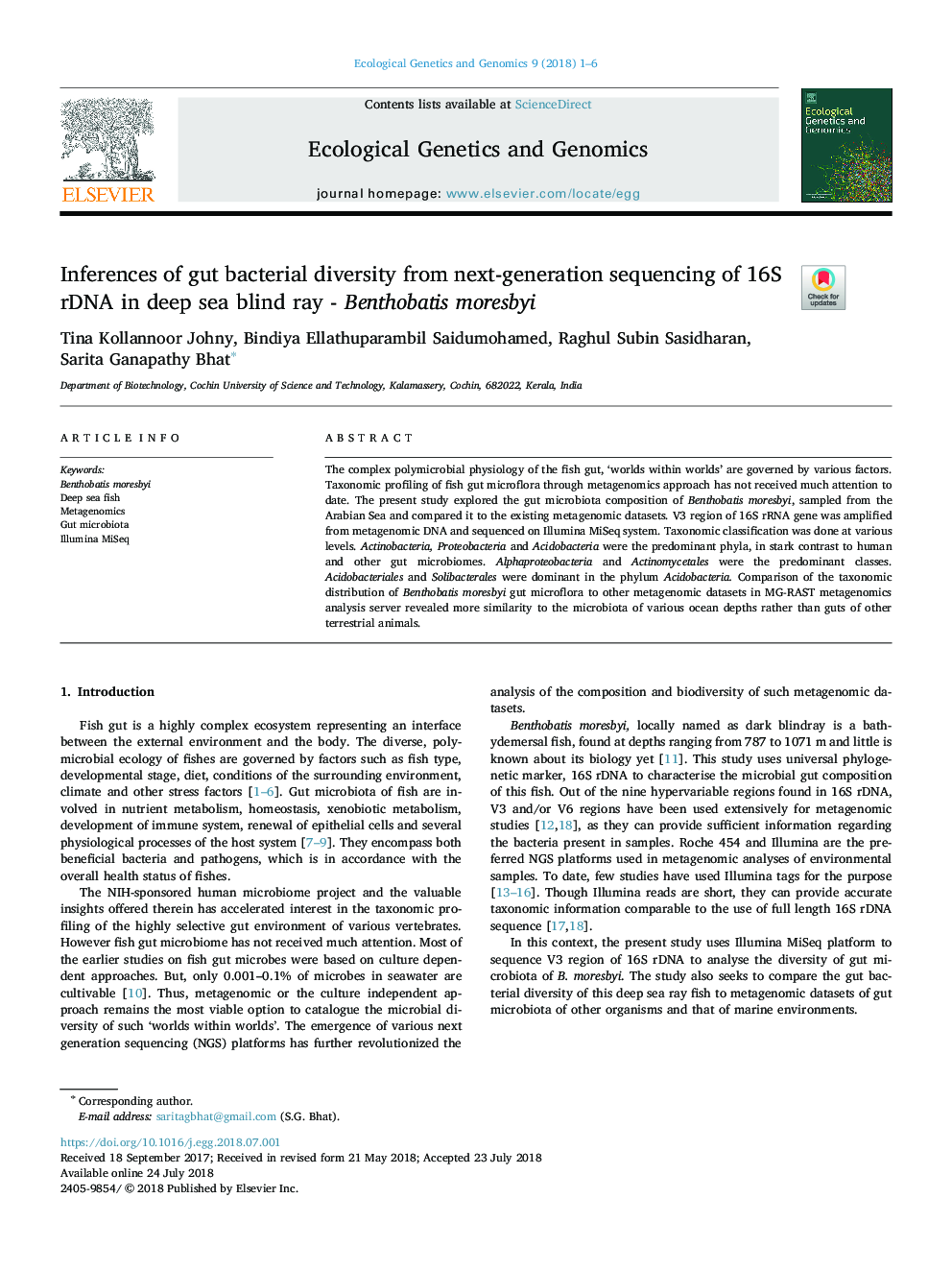 Inferences of gut bacterial diversity from next-generation sequencing of 16S rDNA in deep sea blind ray - Benthobatis moresbyi