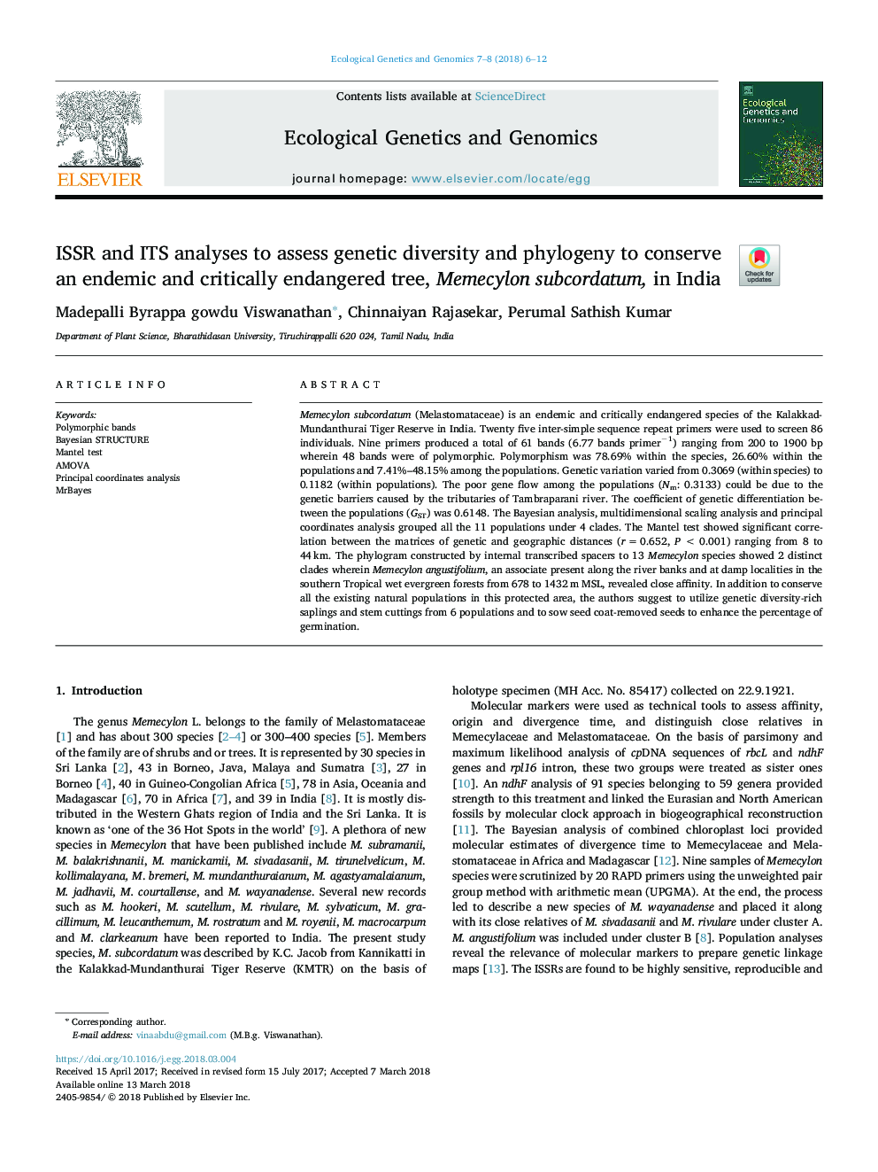 ISSR and ITS analyses to assess genetic diversity and phylogeny to conserve an endemic and critically endangered tree, Memecylon subcordatum, in India