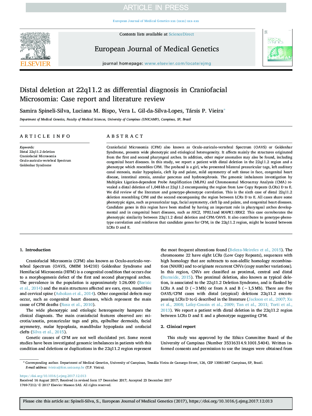 Distal deletion at 22q11.2 as differential diagnosis in Craniofacial Microsomia: Case report and literature review
