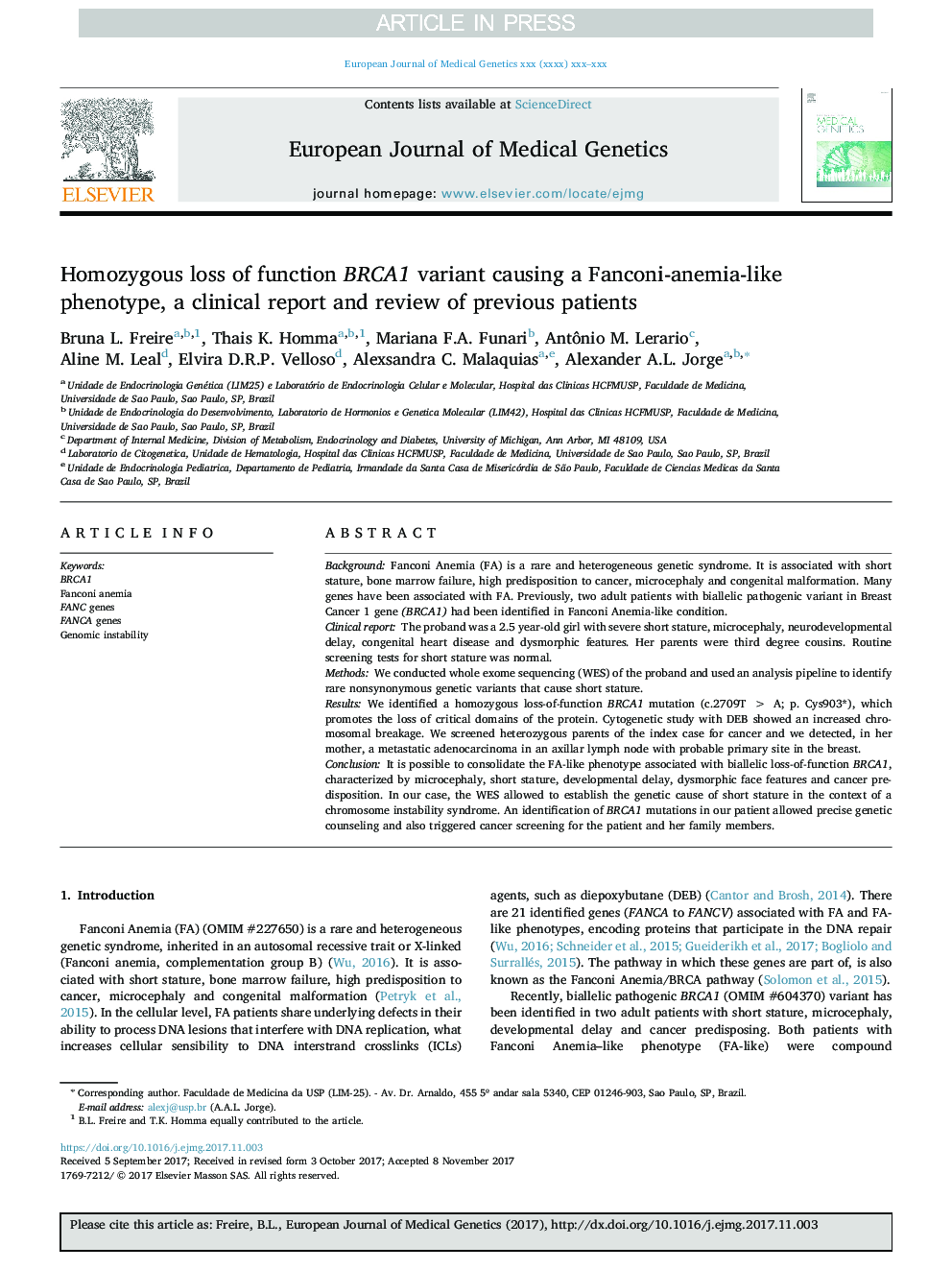 Homozygous loss of function BRCA1 variant causing a Fanconi-anemia-like phenotype, a clinical report and review of previous patients