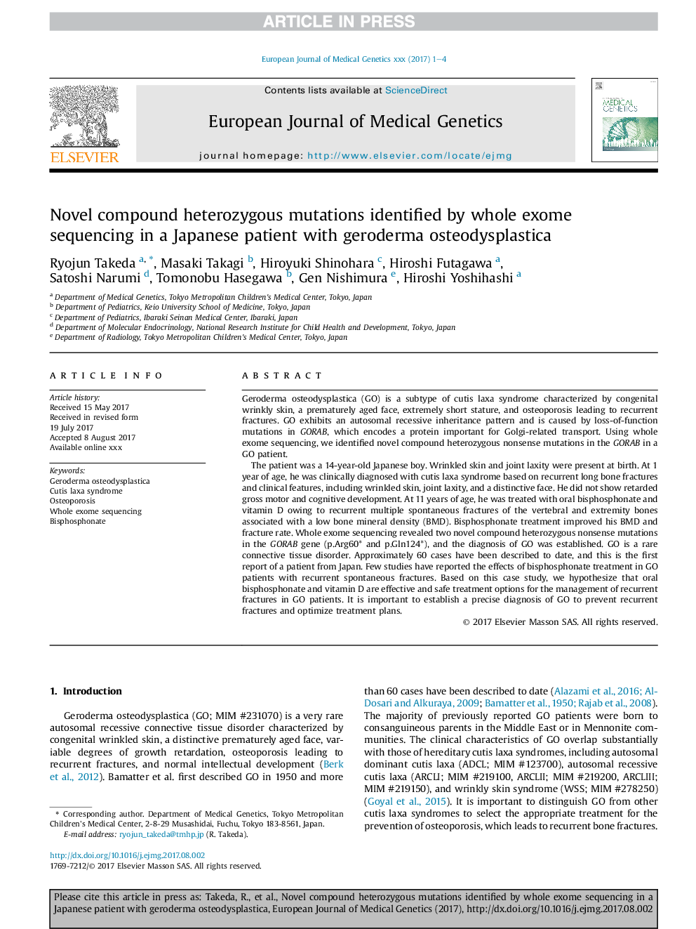 Novel compound heterozygous mutations identified by whole exome sequencing in a Japanese patient with geroderma osteodysplastica