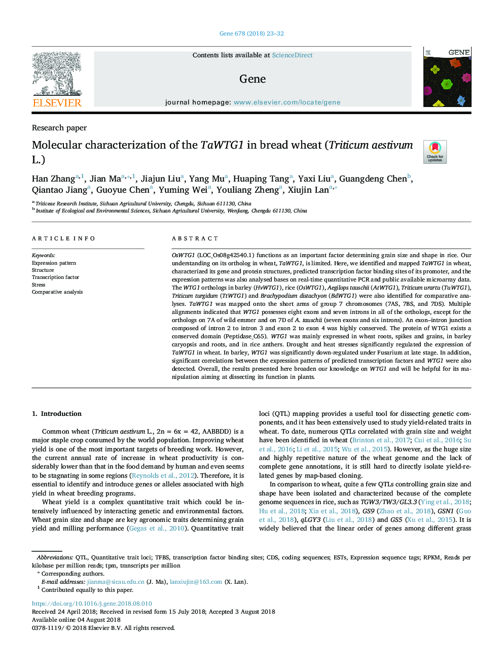 Molecular characterization of the TaWTG1 in bread wheat (Triticum aestivum L.)