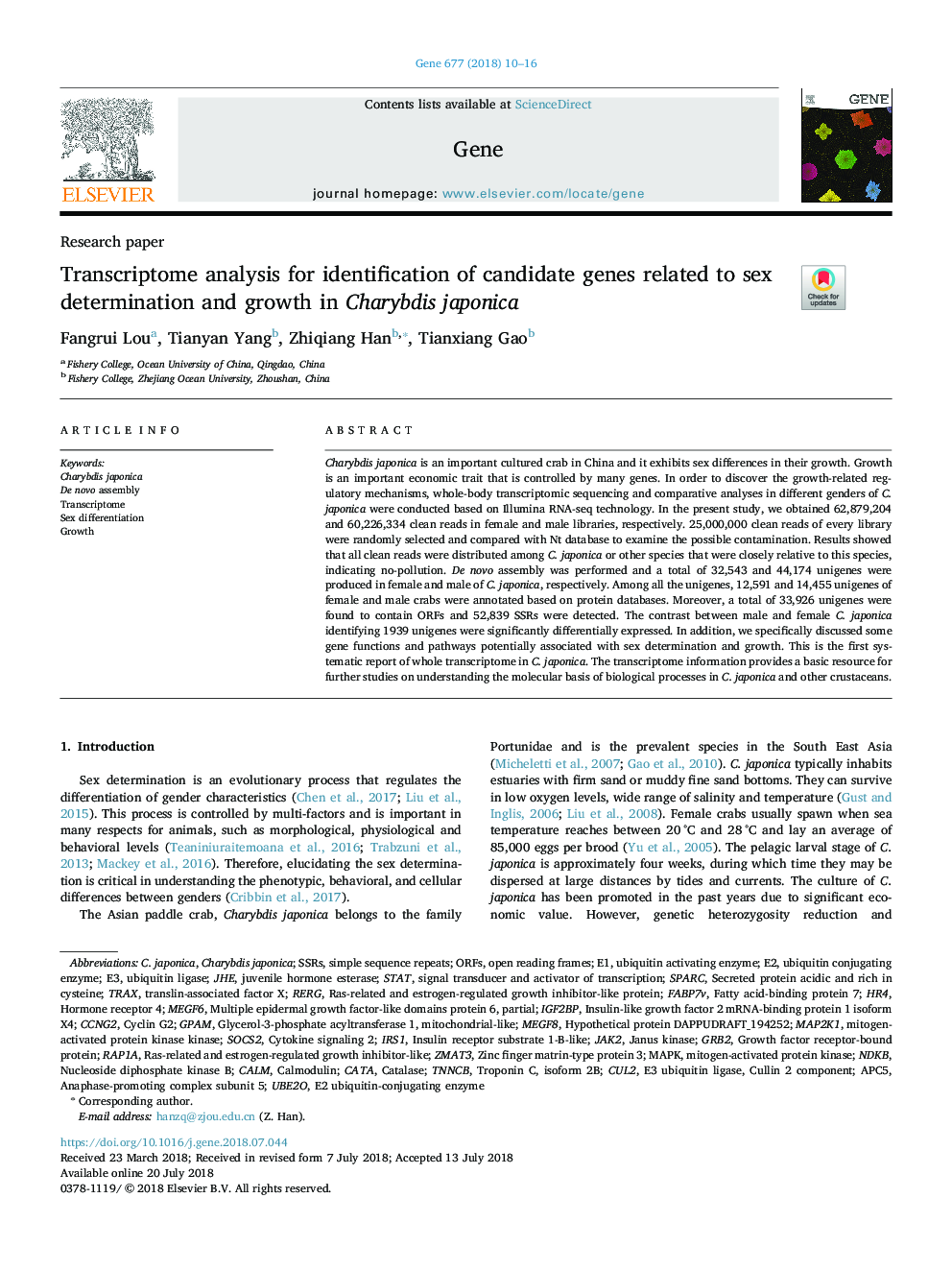 Transcriptome analysis for identification of candidate genes related to sex determination and growth in Charybdis japonica